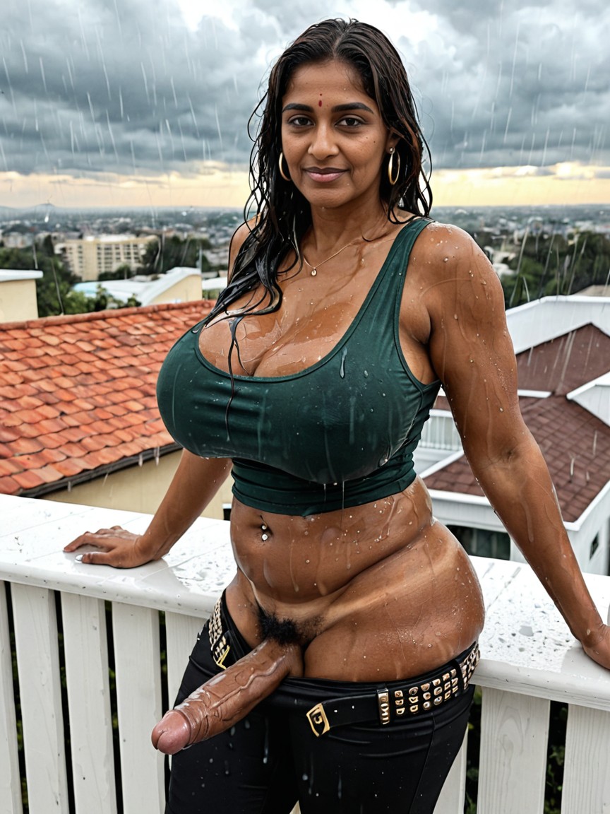 Wet Body, Breasts Covered Under Tank Top, Rooftop Shemale AI Porn