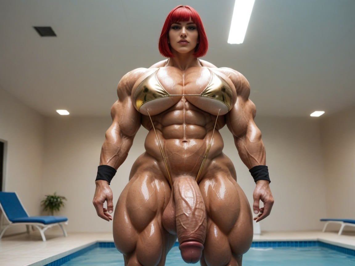 Gigantic Shoulders, Short Length, Cock Concealed By Swimsuit Shemale AI Porn
