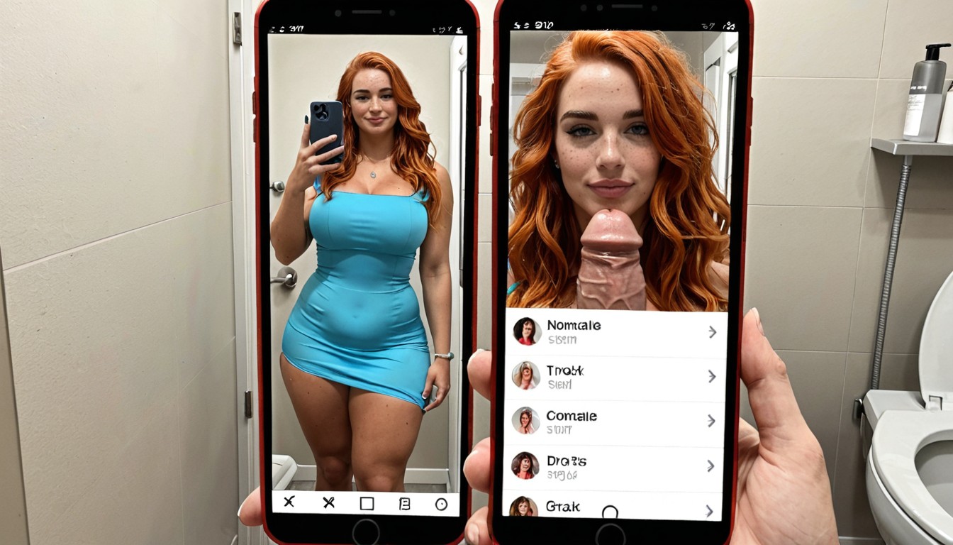 Phone Sceen On Right Panel Showing Juxtaposing Futa Dating Profile, Snapchat Filter, She Towers Over Viewer Shemale AI Porn
