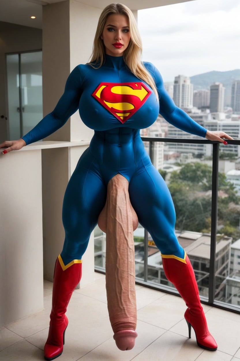Supergirl Bodysuit, Six Pack Abs, Impossibly Gigantic Cock Shemale AI Porn