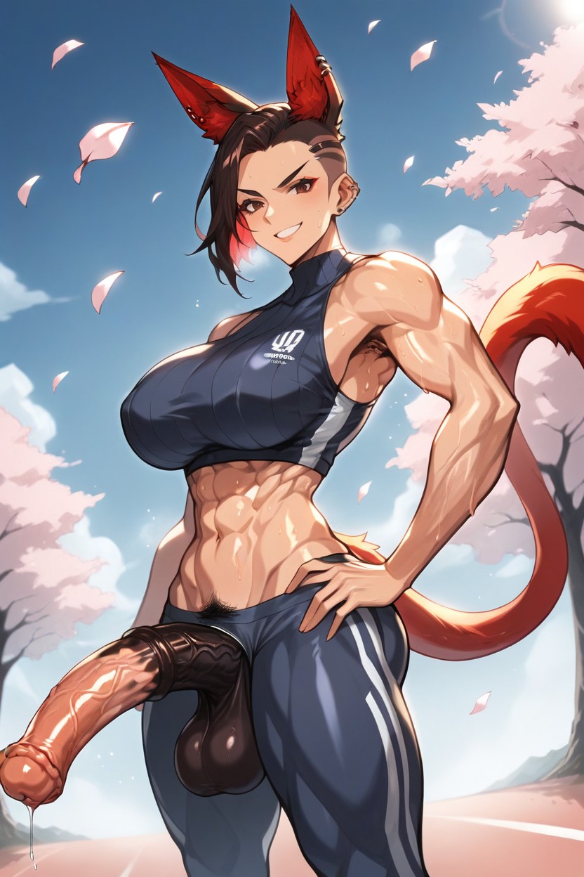Piercing Dark Brown Eyes, Very Heavy M-cup Bust, Anime Style Shemale AI Porn