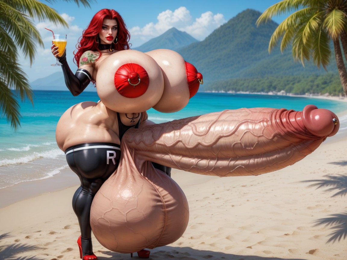 Balls Are Too Big, At The Beach, Penis Piercing Shemale AI Porn