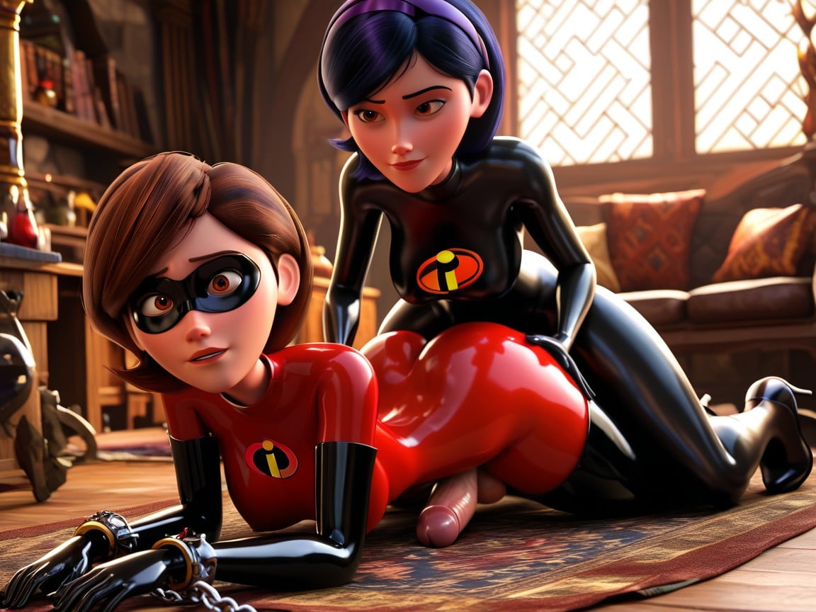 Disney Pixar Animation Style, Black Latex Eye Mask, Front View In The Dungeon Shemale AI Porn