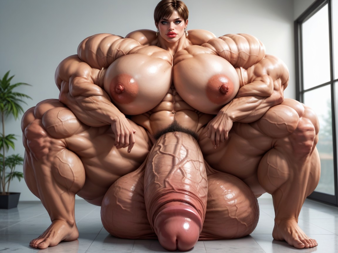 Hyper Thick Muscular Legs, Super Swollen Large Bimbo Lips, Massive Muscular Calves Shemale AI Porn