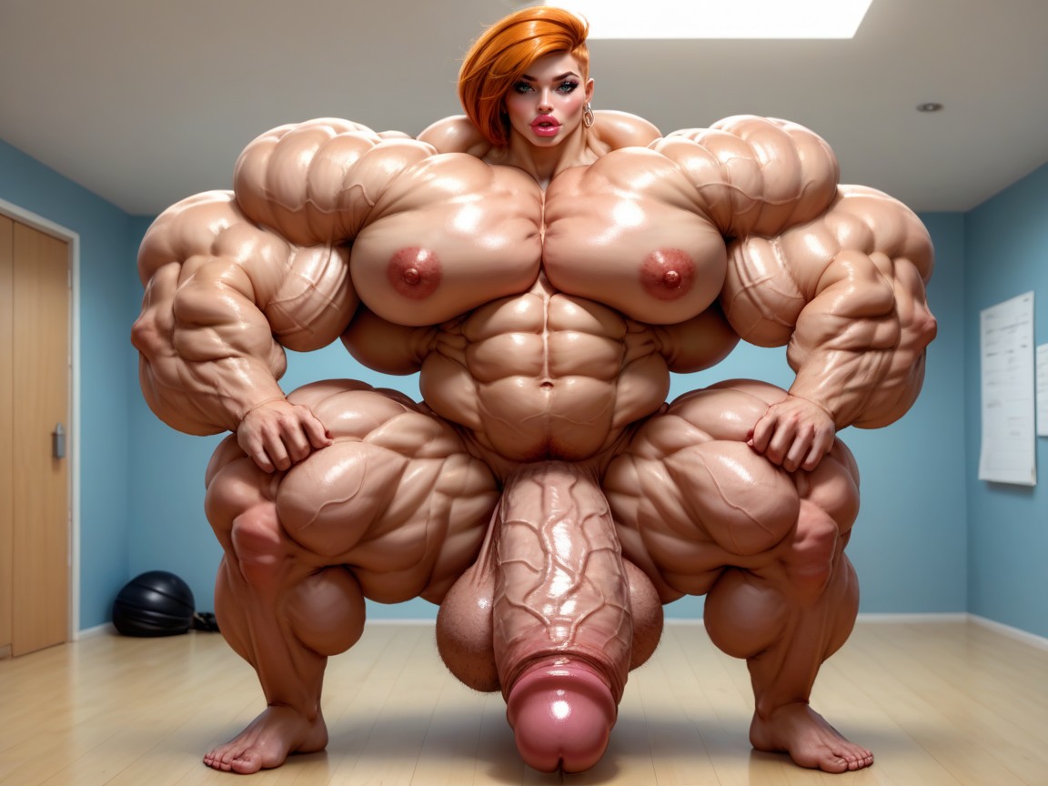 Hyper Swollen Large Bimbo Lips, Extremely Muscular, Erection Above Her Own Head Shemale AI Porn