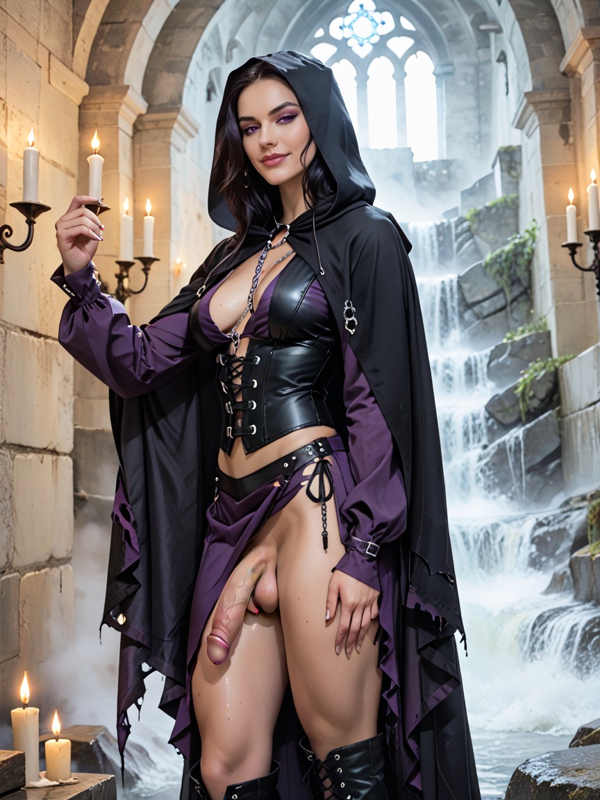 Thigh-high Leather Boots With Silver Buckles, Side View, Ornate Silver Embroidery Of Runes And Pentagrams Along The Bodice Shemale AI Porn