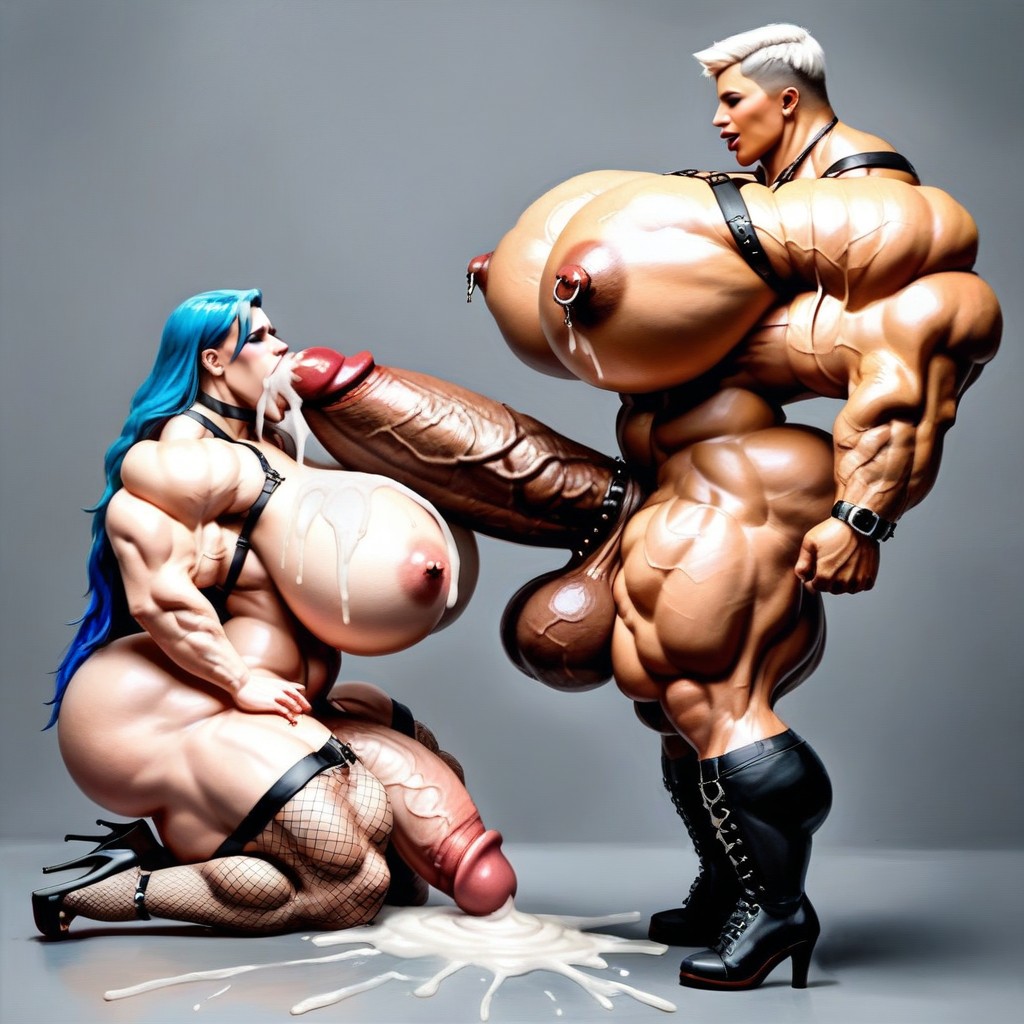 Leather Leg Harness, Hyper Massive Muscles, Leather Body Harness Shemale AI Porn