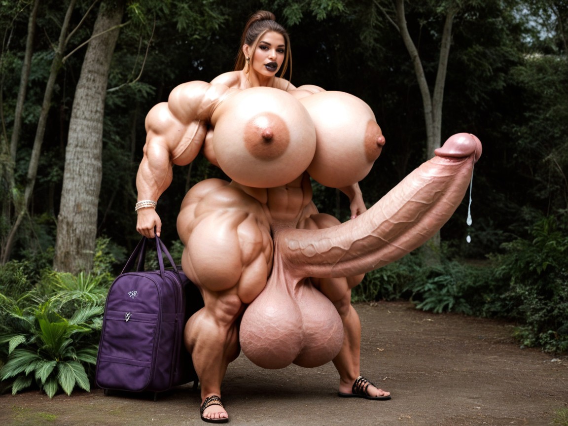 Full Body View, Hyper Enormous Thick Penis, Purple Backpack Shemale AI Porn