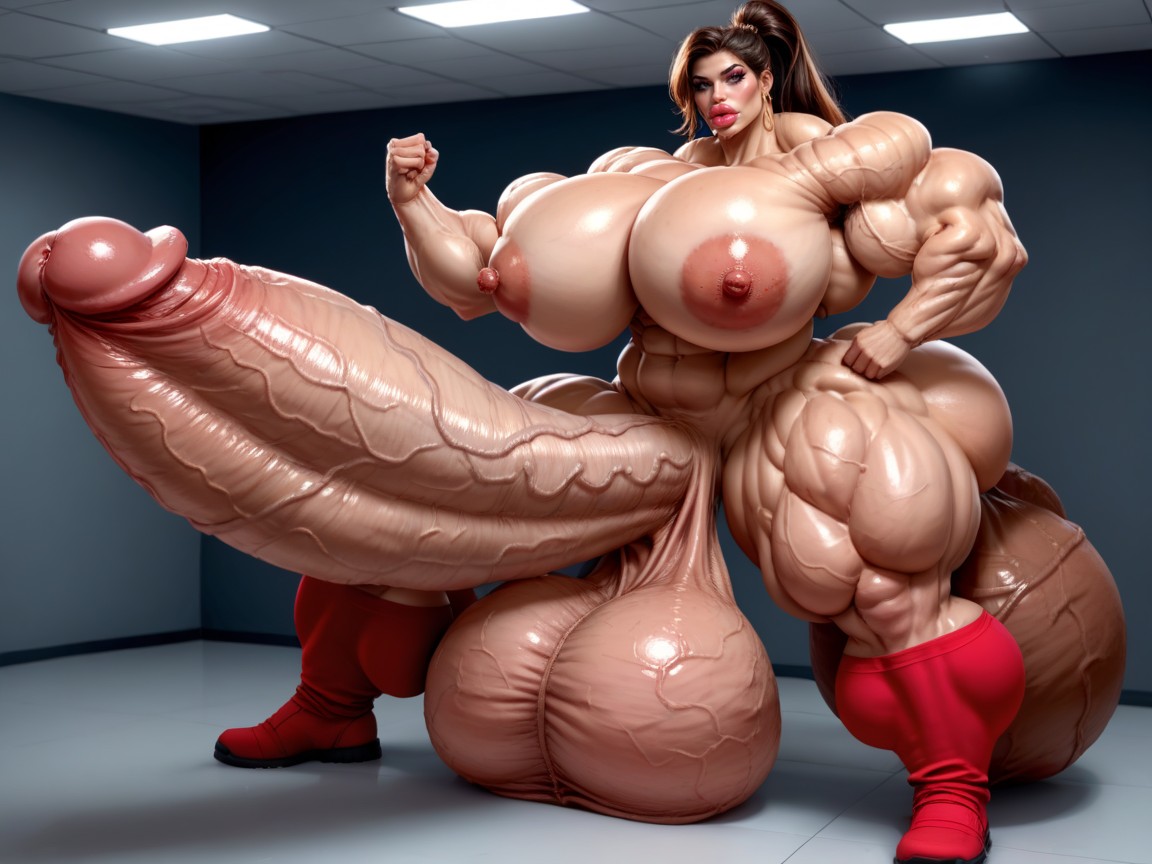 Hyper Absurdly Enormous Muscle Women, Sexy Face, Hyper Gigantic Penis Shemale AI Porn