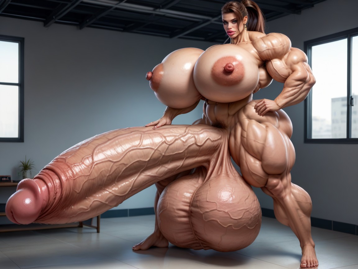 Hyper Extremely Big Lips, Looking At Penis, Brunette Shemale AI Porn