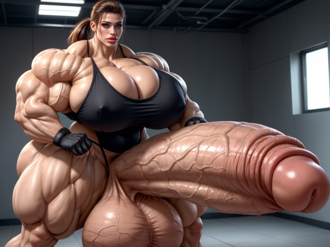 Sexy Face, Giant Bulging Penis, Hyper Absurdly Enormous Muscle Women Shemale AI Porn