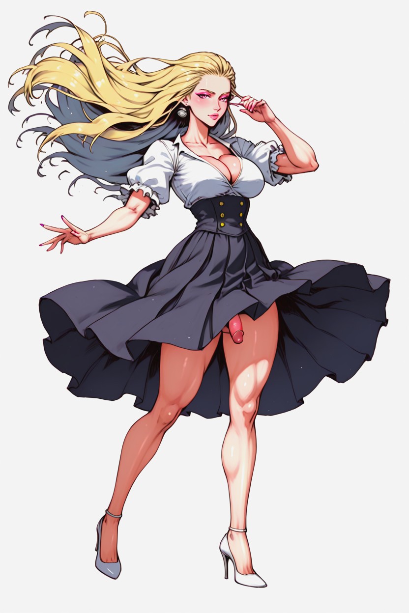 Deep Neckline, Pink Eyeliner, Skirt In The Wind Shemale AI Porn