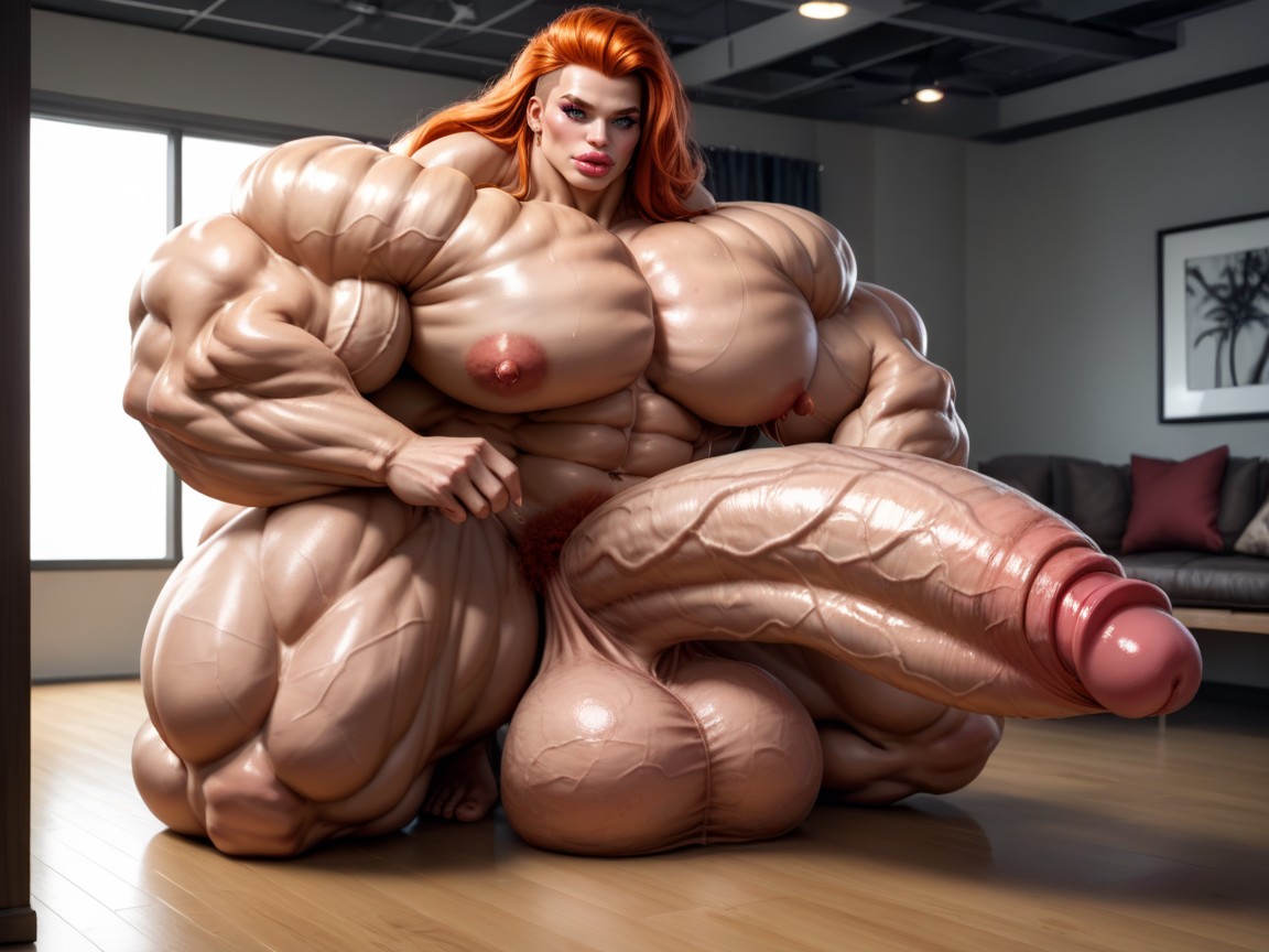 Hyper Supersized Penis, Hyper Gigantic Abs, Ginger Shemale AI Porn