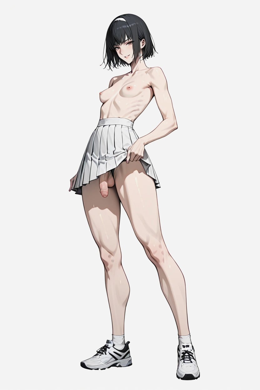 Feminine Male, Arched Back, White Hair Band Shemale AI Porn