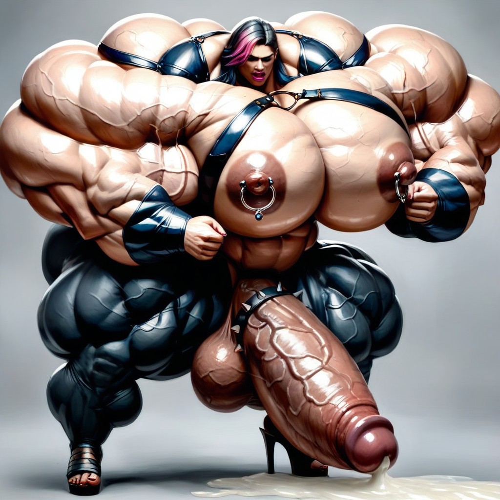 Leather Body Harness, Huge Ass, Gigantic Trapezius Shemale AI Porn