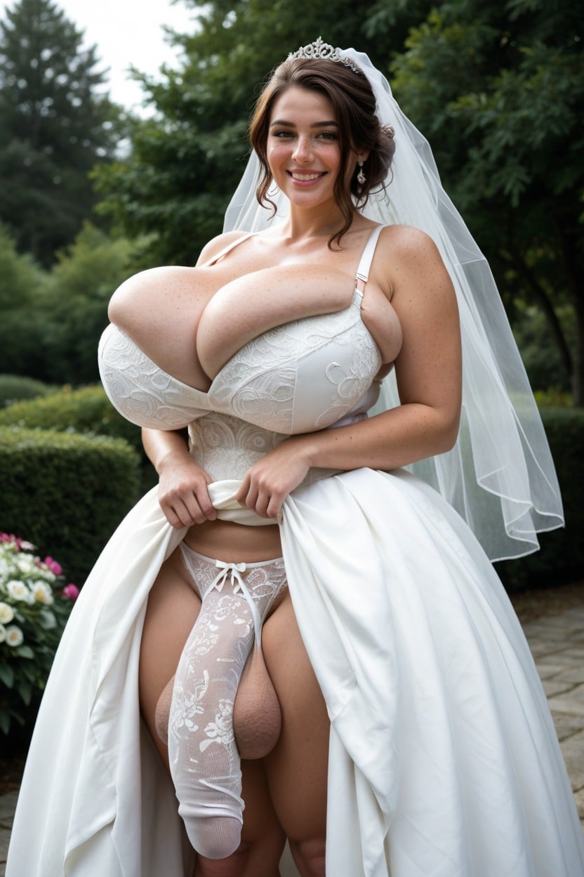 Mischievous (smiling While Blushing), Colossal Breast, Wedding Dress Shemale AI Porn