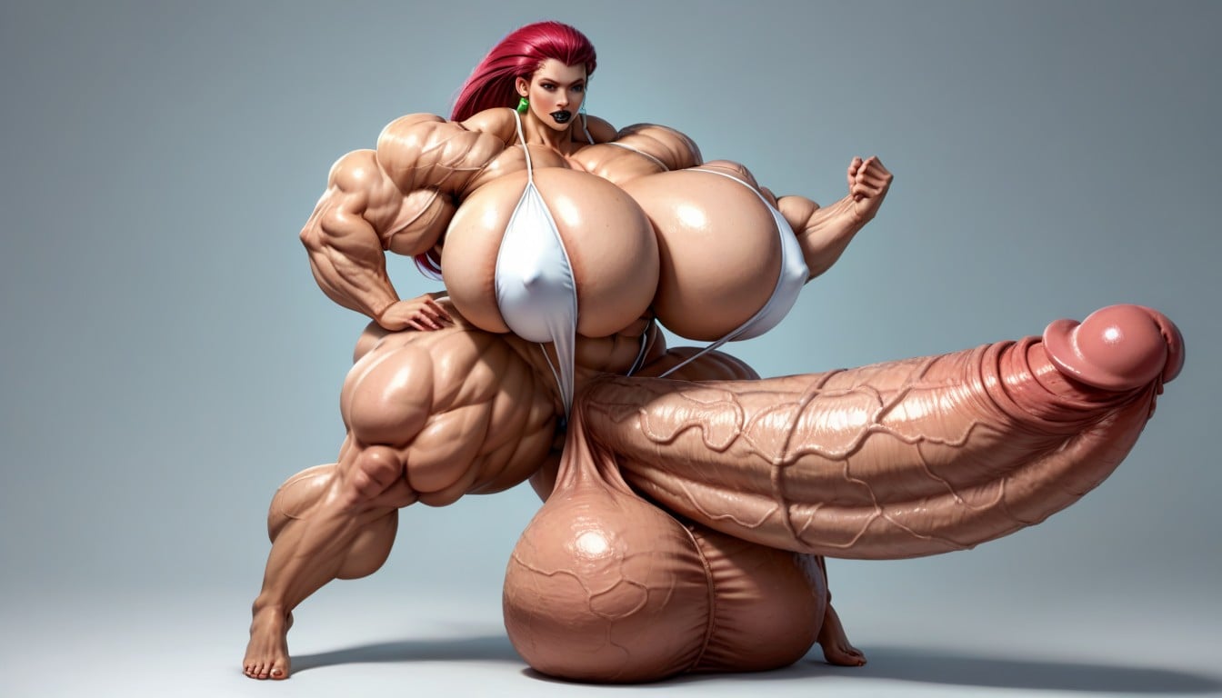 Looking At Penis, Tan Skin, Gigantic Hyper Testicles Shemale AI Porn