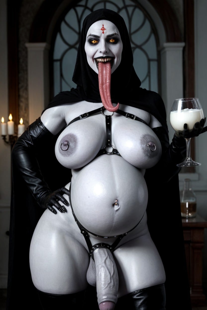 Firm Perky Breasts, Evil Grin, Hyper Pale Grey Skin Shemale AI Porn