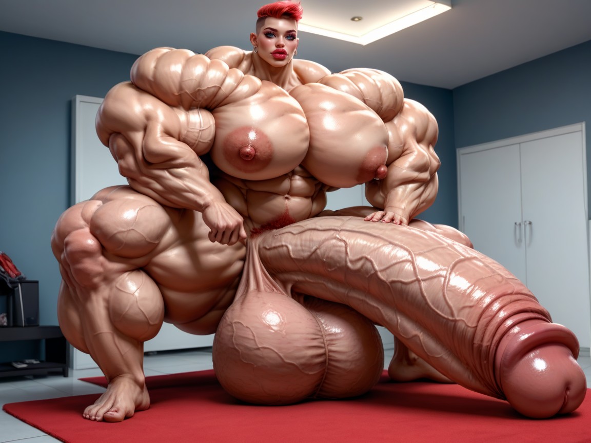 Hyper Gigantic Swollen Bimbo Lips, 丸刈り, Muscle Women ニューハーフAIポルノ