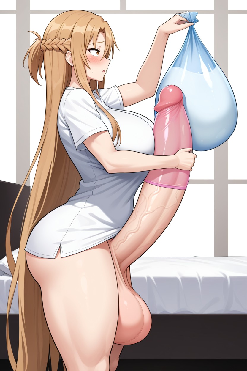Stroking Cock, Hyper Condom Balloon, Wearing Condom Shemale AI Porn