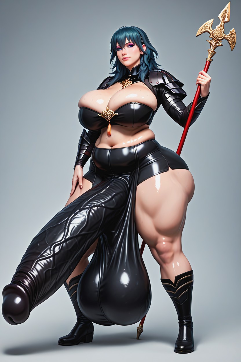 Hyper Long Gigantic Cock Bulge, Holding Spear, Shiny Skin Shemale AI Porn