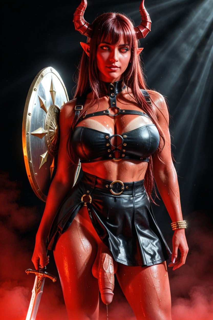 Gold Bracelet Rings Around Arm, Shield On Back, Glowing Red Big Sword In Other Hand Shemale AI Porn