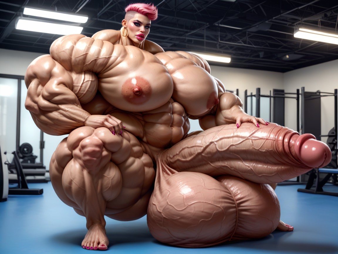 Nude Hyper Futanari With Hyper Gigantic Penis, Penis The Size Of The Gym, Hyper Gigantic Balls Shemale AI Porn