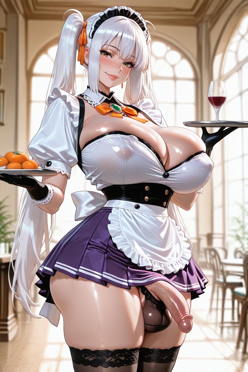 Completely Covered Testicles, Half Purple Puff Sleeves With White Lace Edge, Detailed Shemale AI Porn
