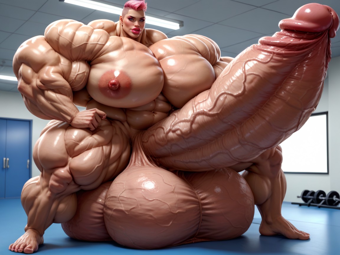 Super Model, Nude Hyper Futanari With Hyper Gigantic Penis, Hyper Gigantic Swollen Bimbo Lips Shemale AI Porn