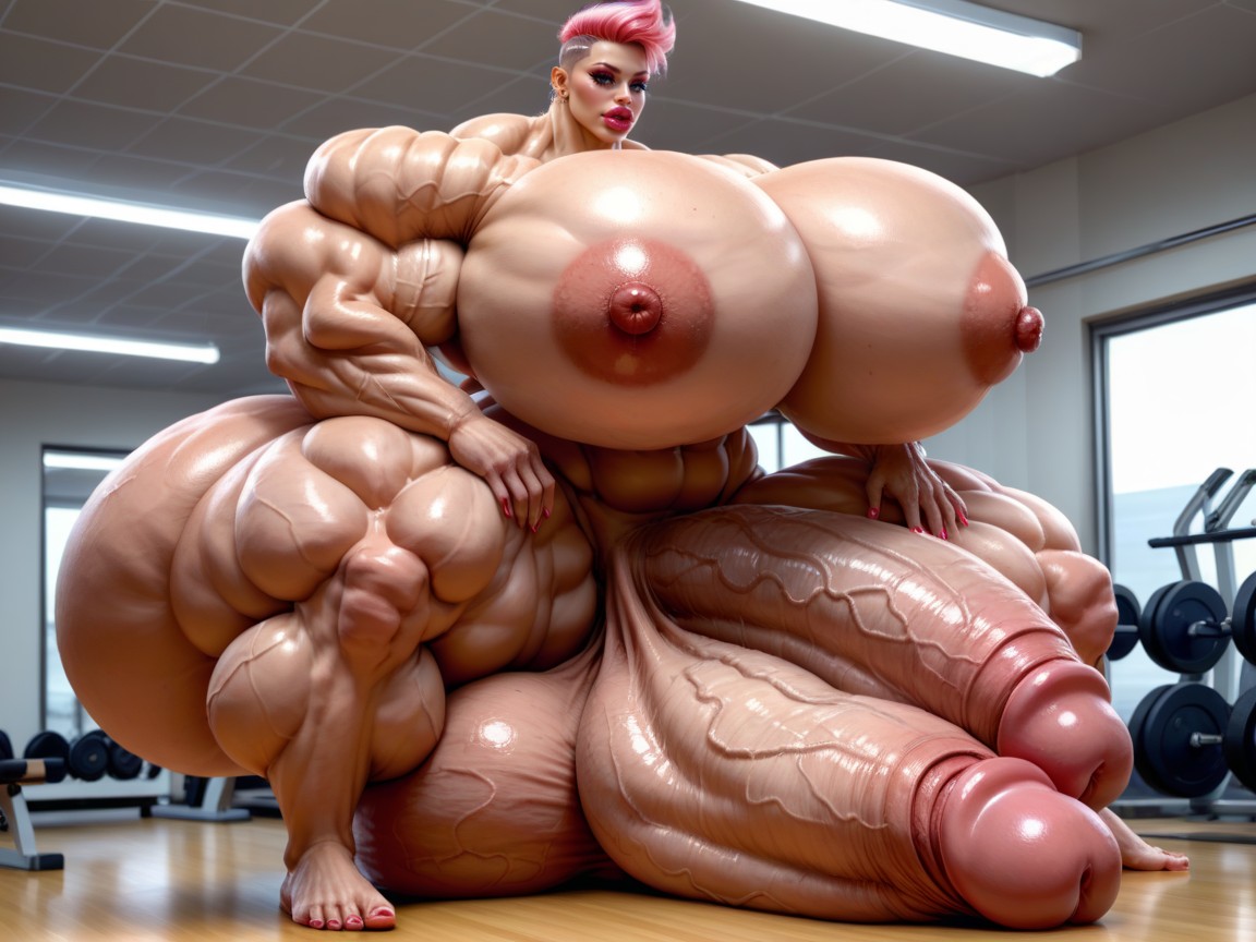 Hyper Oversized Muscle, Nude Hyper Futanari With Hyper Gigantic Penis, Hyper Gigantic Balls Shemale AI Porn