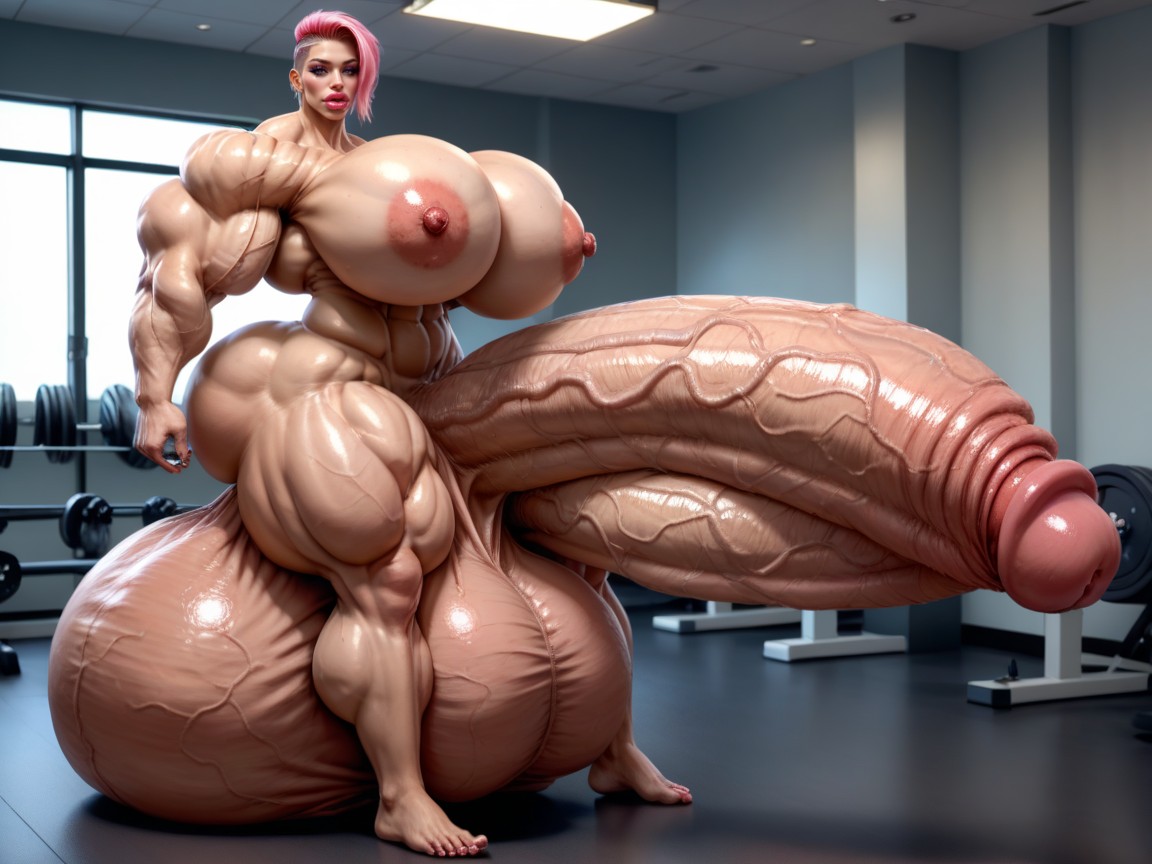 Hyper Gigantic Muscle Hips, Ultra Detailed Face, Buzzcut Shemale AI Porn