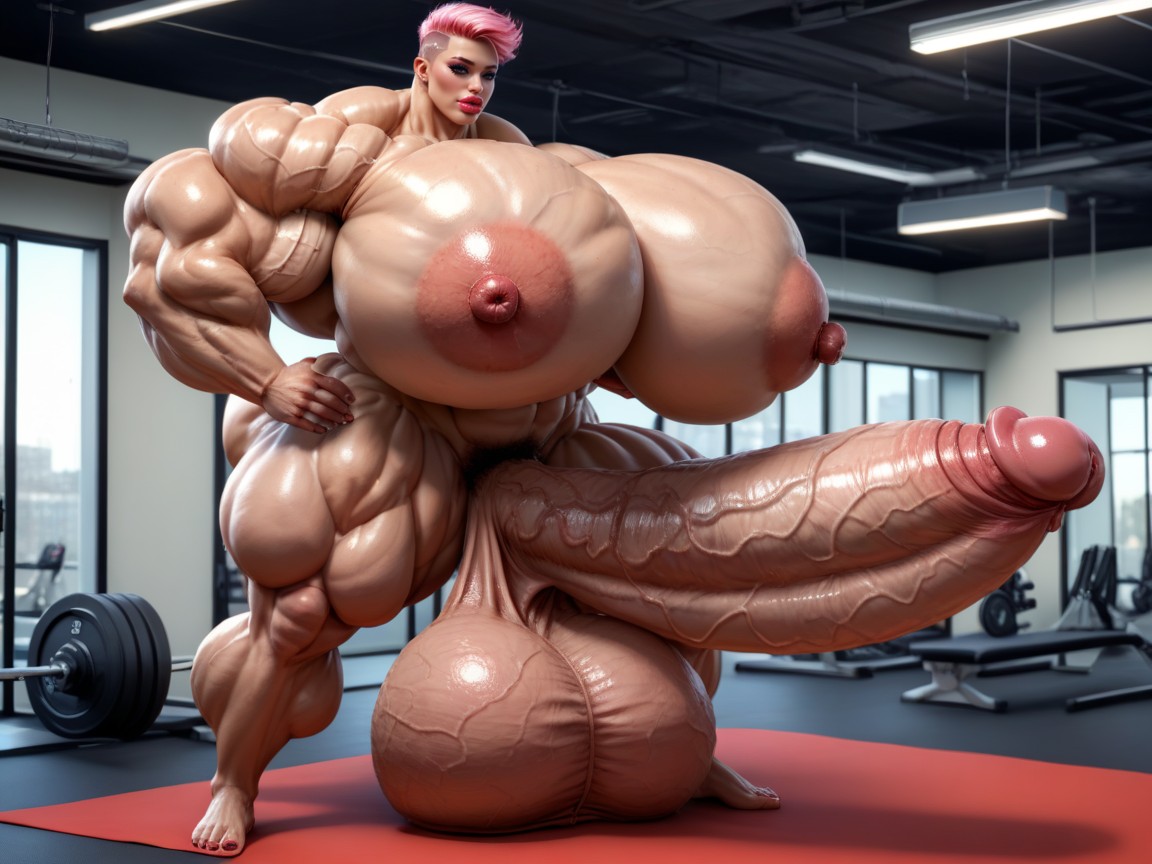 Penis The Size Of The Gym, Hyper Oversized Muscle, Hyper Gigantic Balls Shemale AI Porn