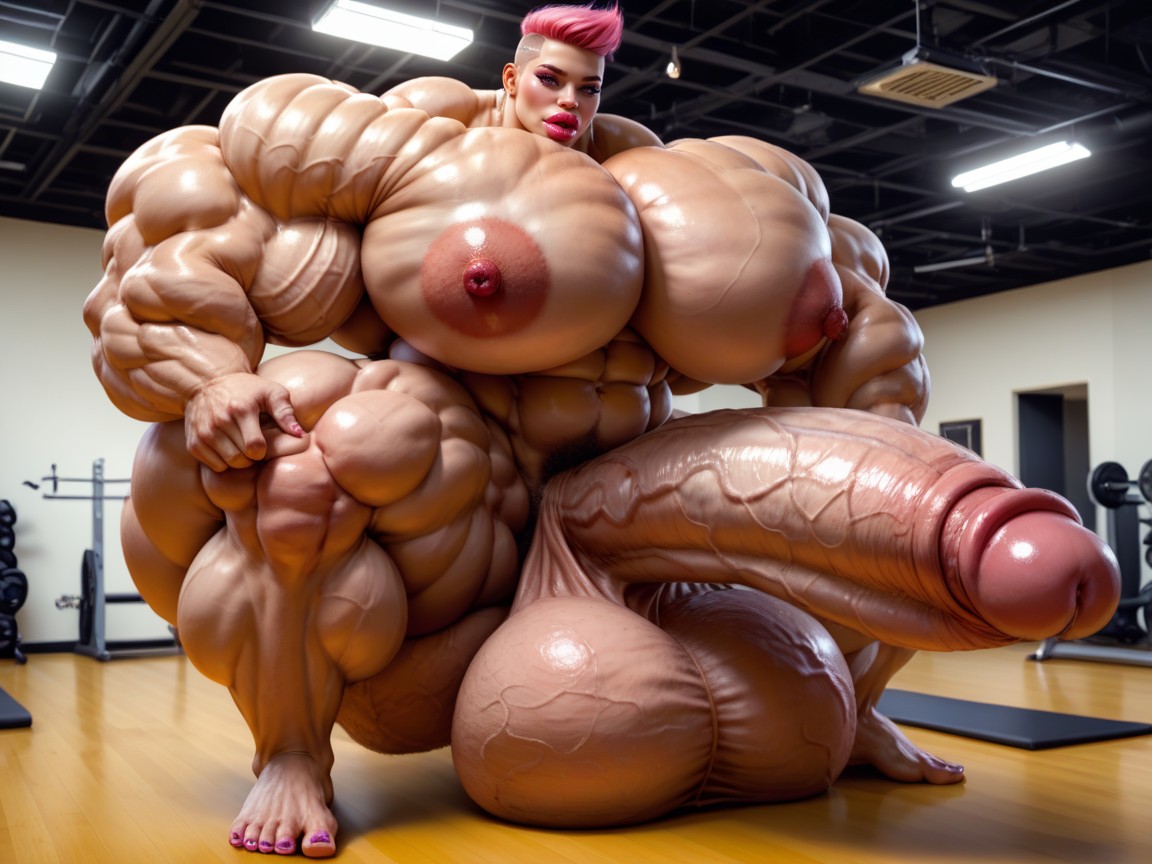 Extremely Muscular, Hyper Oversized Gigantic Girthy Penis, Hyper Gigantic Balls Shemale AI Porn