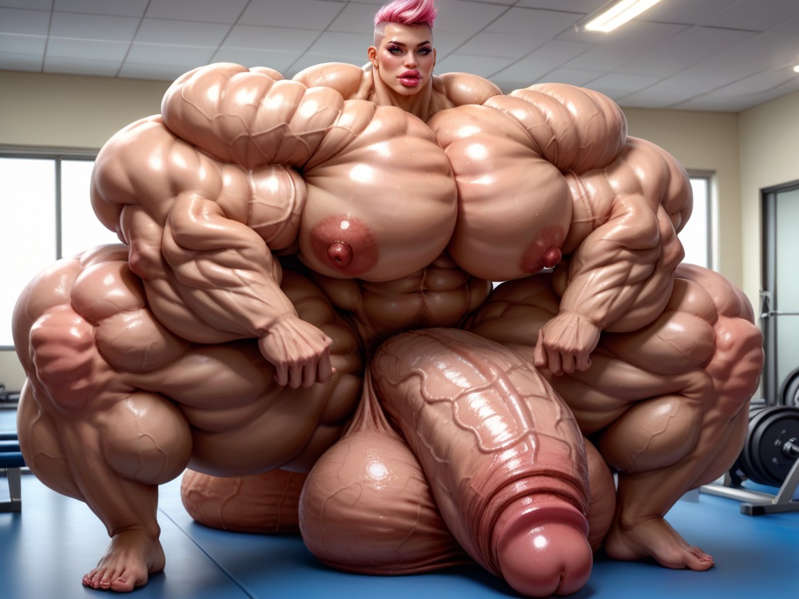 Balls Are Big Enough To Touch The Floor, Hyper Oversized Muscle, Rounded Breast Shemale AI Porn