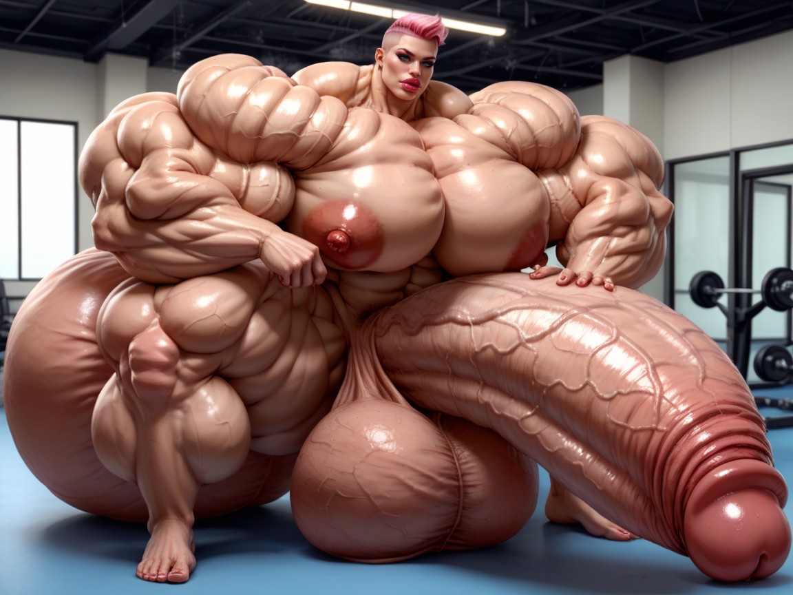 Hyper Absurdly Oversized Penis, Hyper Gigantic Abs, Rounded Ass Shemale AI Porn