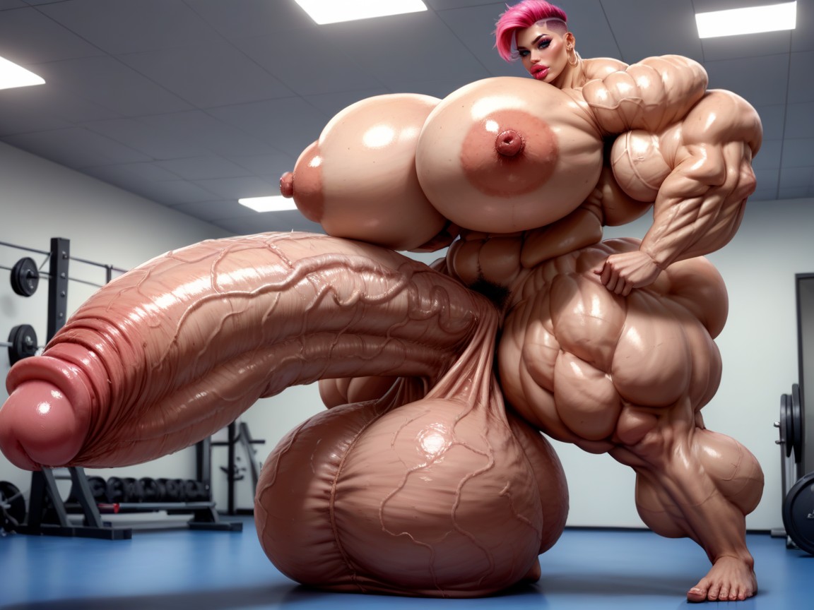 Hyper Gigantic Abs, Giant Bulging Penis, Gorgeous Face Shemale AI Porn