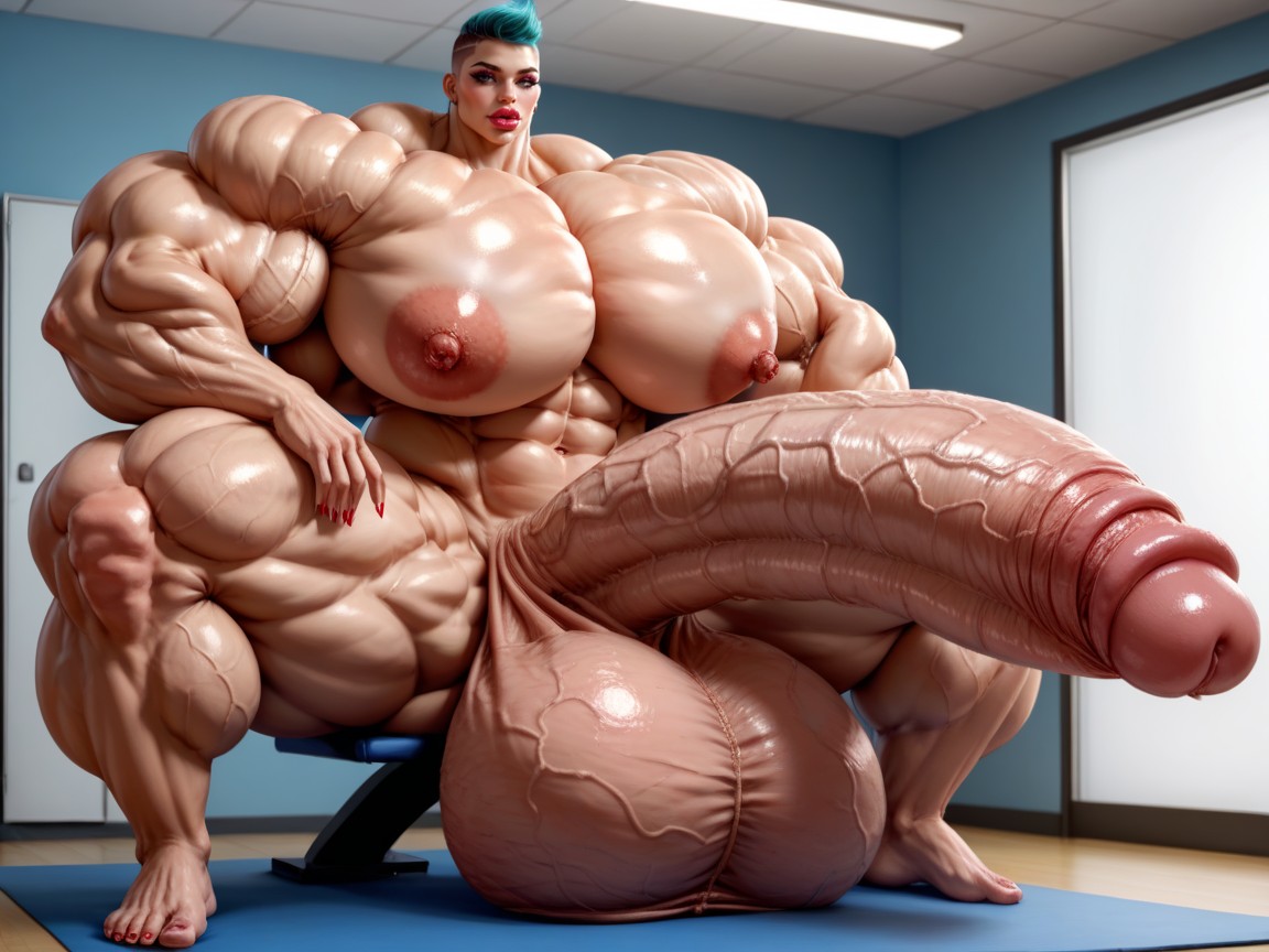 Full Body View, Hyper Gigantic Lips, Hyper Muscle Growth Shemale AI Porn