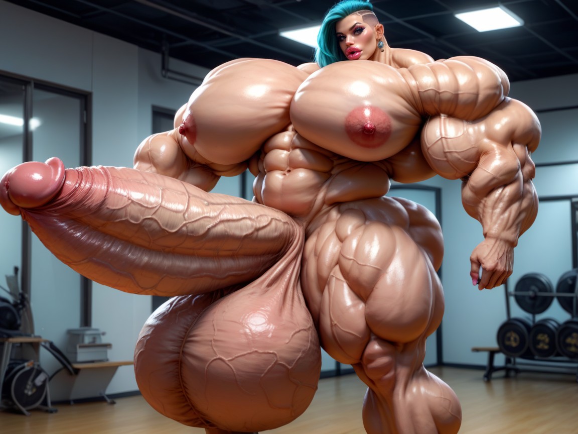 Hyper Gigantic Massive Biceps, Nude Hyper Futanari With Hyper Gigantic Penis, Rounded Breast Shemale AI Porn