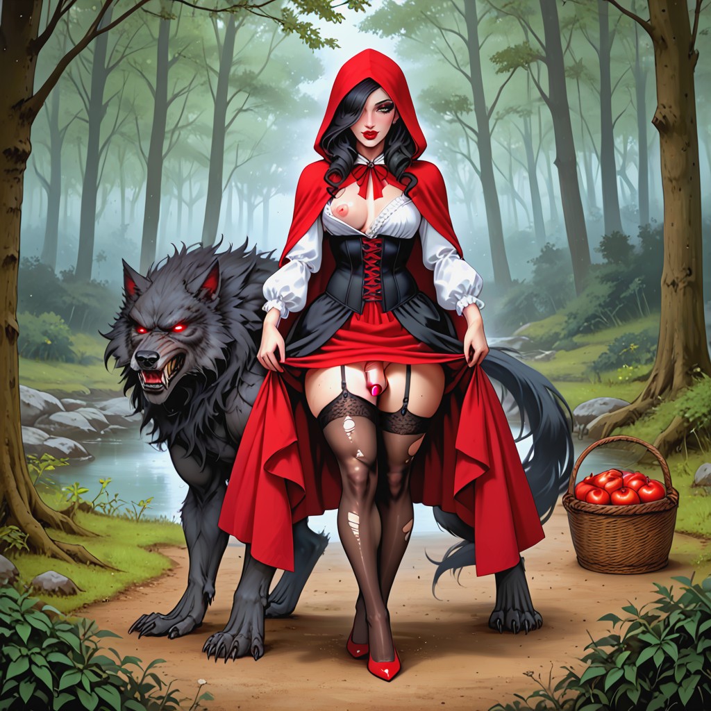 Red Shiny Lips, Snatched Waist, Red Victorian Shirt Shemale AI Porn