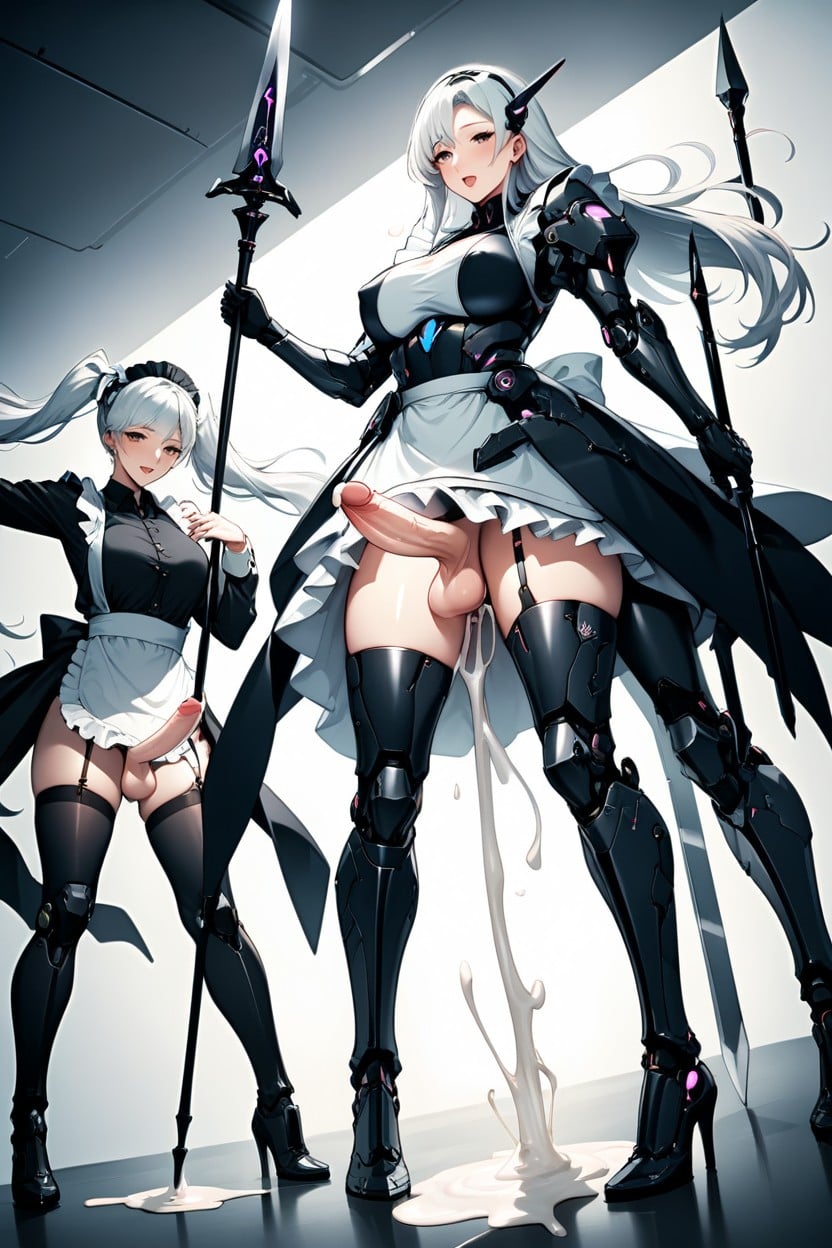Holding Large Sword, Black And White Dress, Orgasm Shemale AI Porn