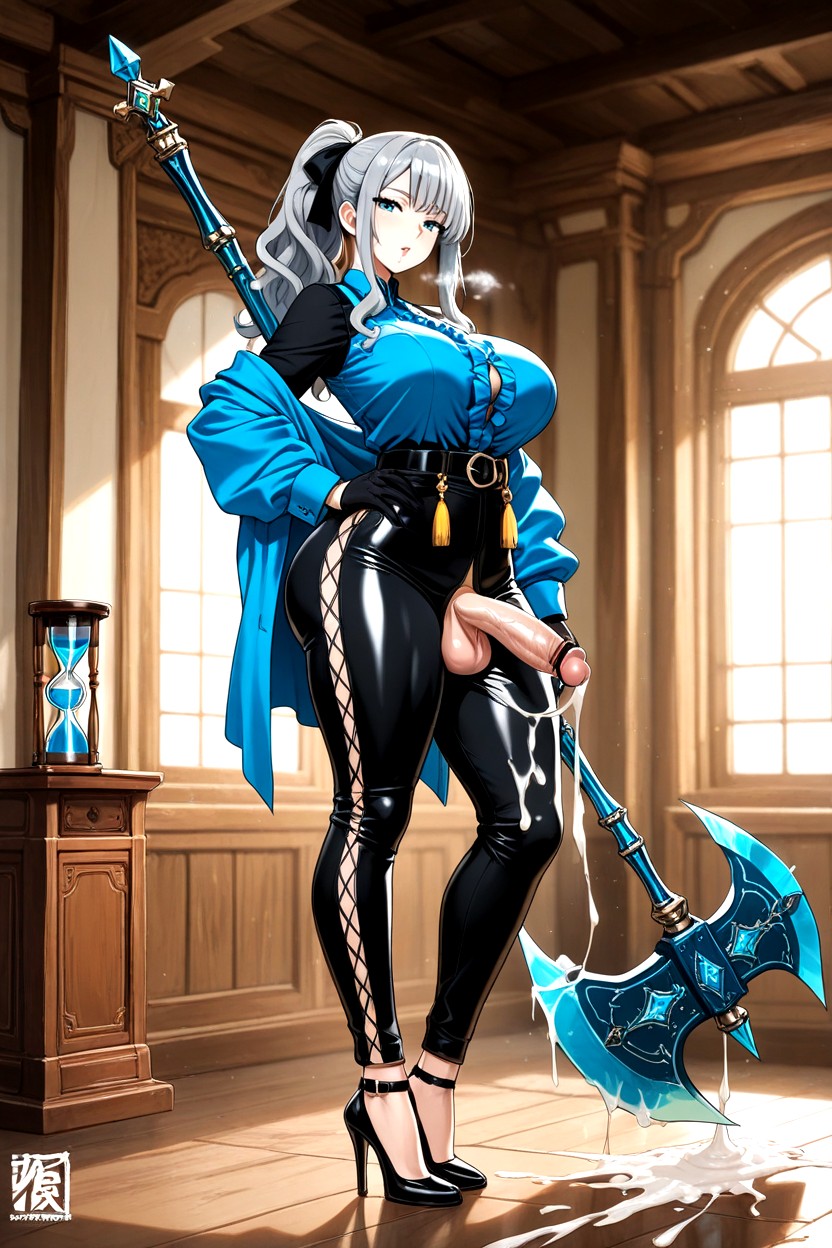 Long Black Gloves, Black Tight Pants, Off Shoulder White Frilled Top Shemale AI Porn