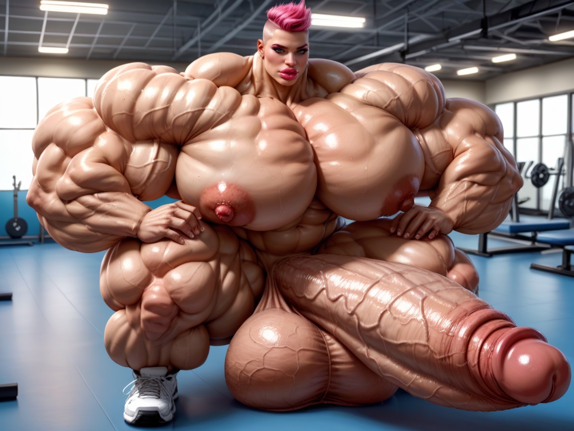 Gorgeous Face, Hyper Bimbo, Hyper Absurdly Oversized Muscle Shemale AI Porn