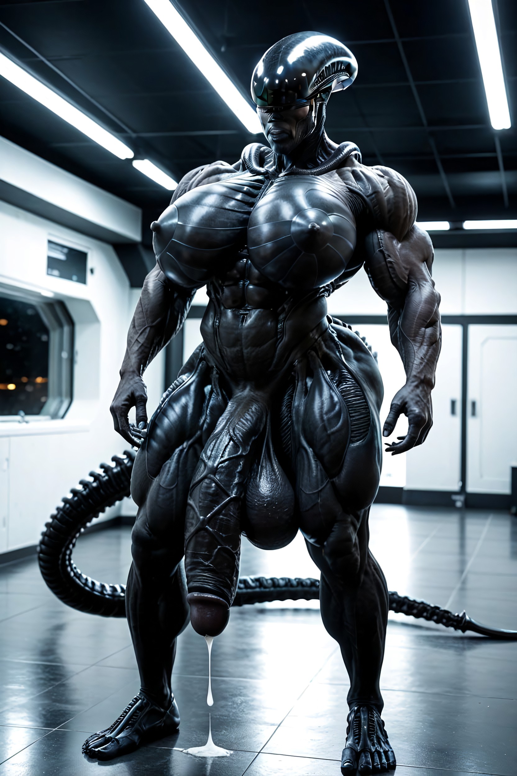 Gigantic Muscle Delts, Her Skin Partially Turning Glossy Black With Ridged Alien Textures, Hyper Black Cock Growth Shemale AI Porn