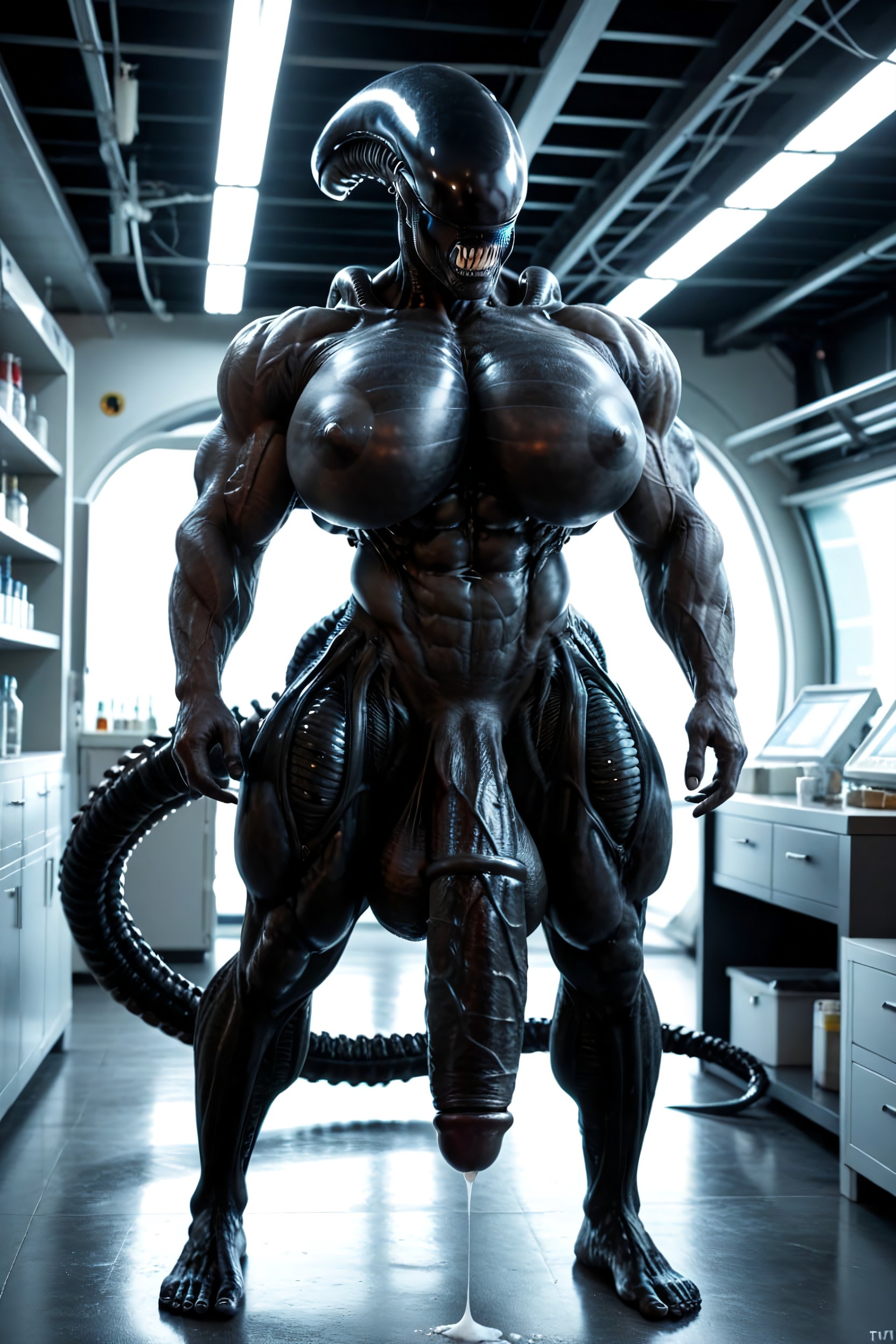 Gigantic Shoulders, Standing, Extremely Long Black Cock Shemale AI Porn