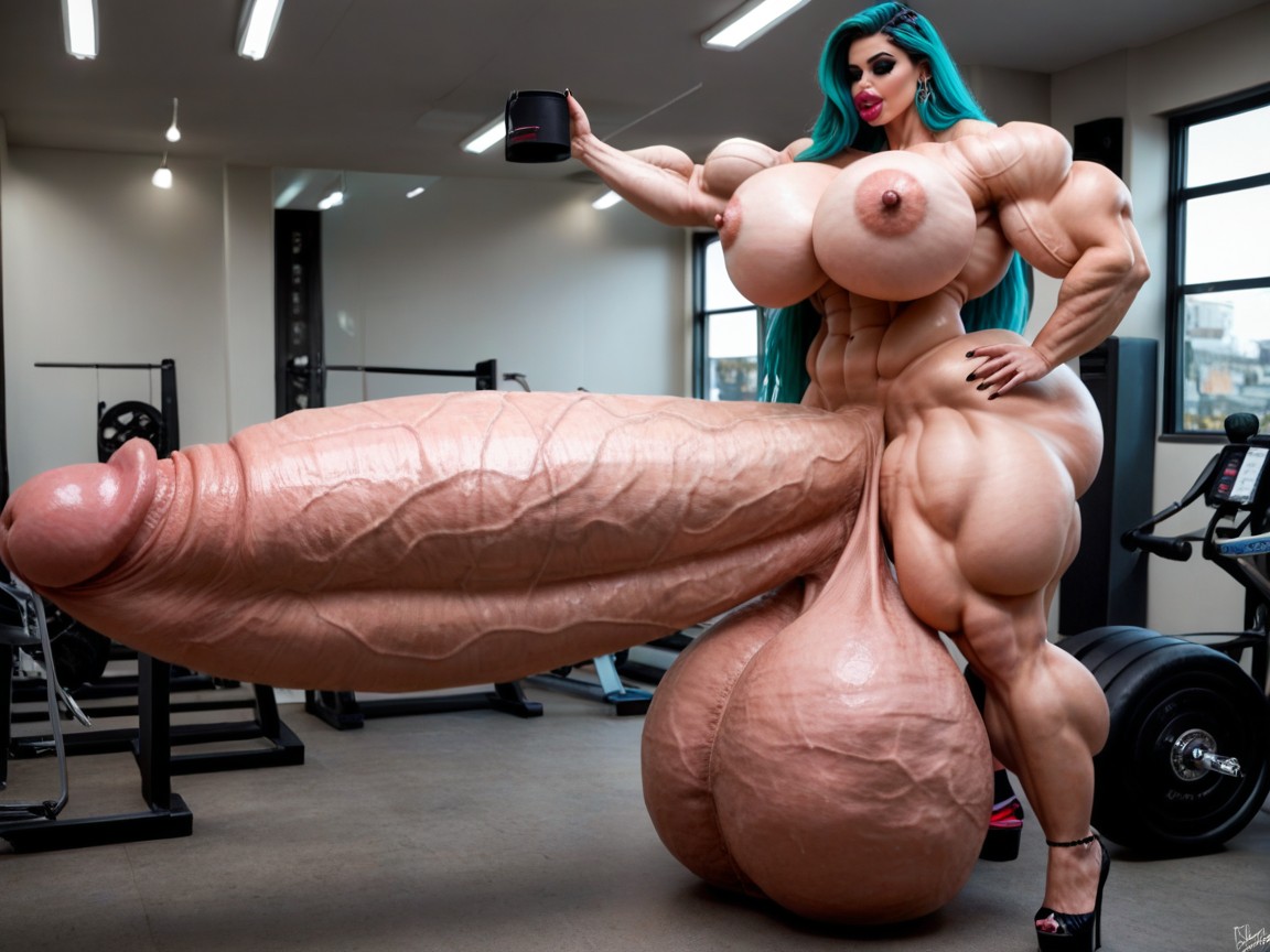 Hyper Goth Bimbo, Muscle Women, Hyper Gigantic Balls Shemale AI Porn