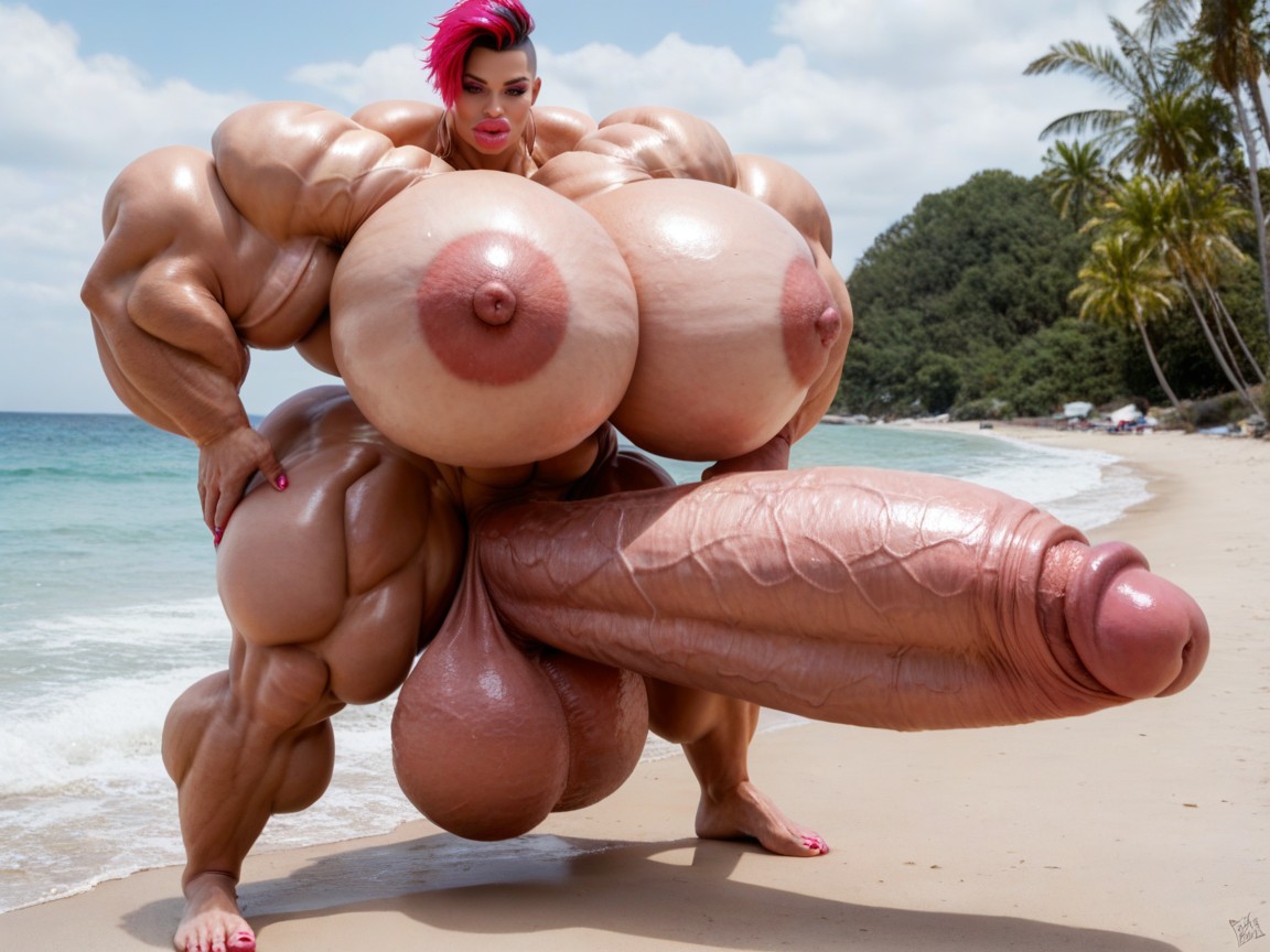 Hyper Long Penis, Hyper Gigantic Balls, Ultra Detailed Face Shemale AI Porn