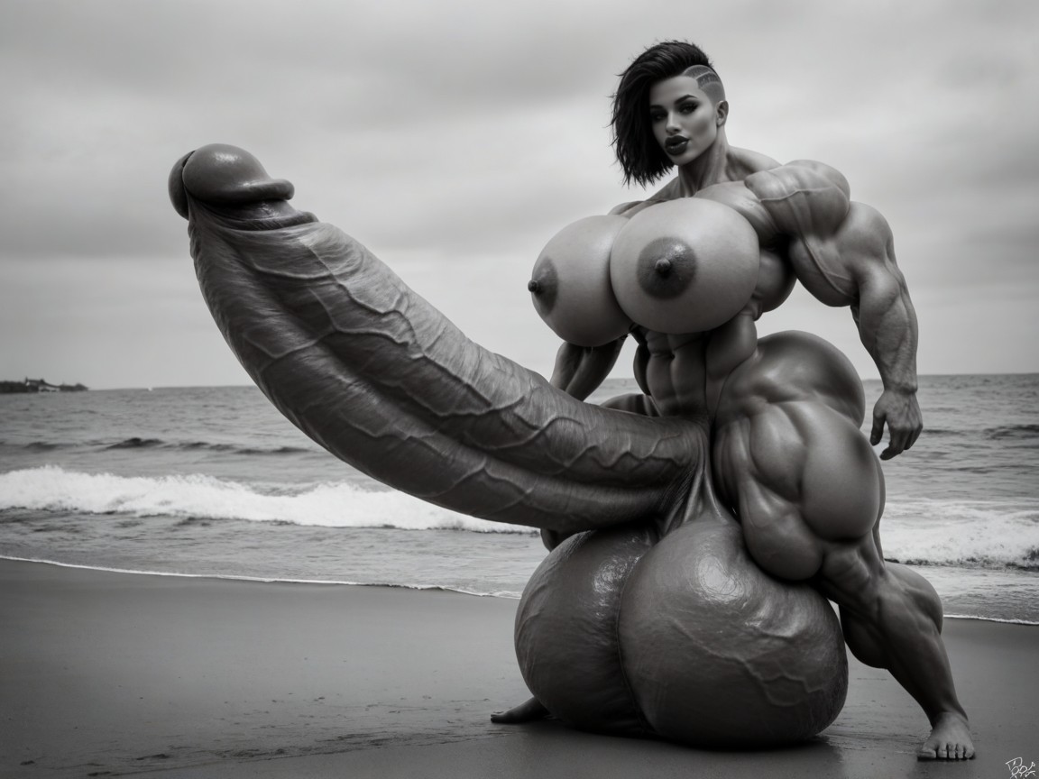 Full Body View, Balls Are Big Enough To Touch The Floor, Hyper Bimbo Shemale AI Porn