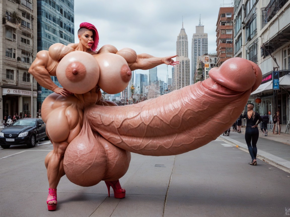 Hyper Gigantic Muscle Growth, Small Breasts, Hyper Oversized Wide Penis Shemale AI Porn