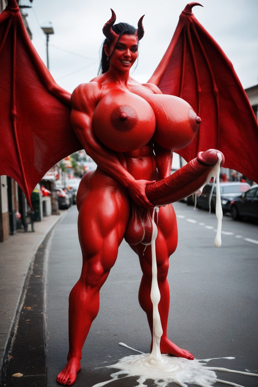 Black Hair, Red Color Cock, Extremely Muscular Shemale AI Porn