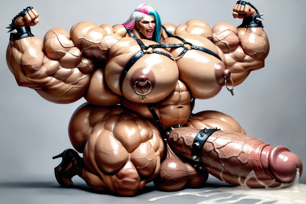 Gigantic Abdominal Obliques, Hyper Gigantic Massive Muscles Woman, Stylish Heeled Sandals Shemale AI Porn